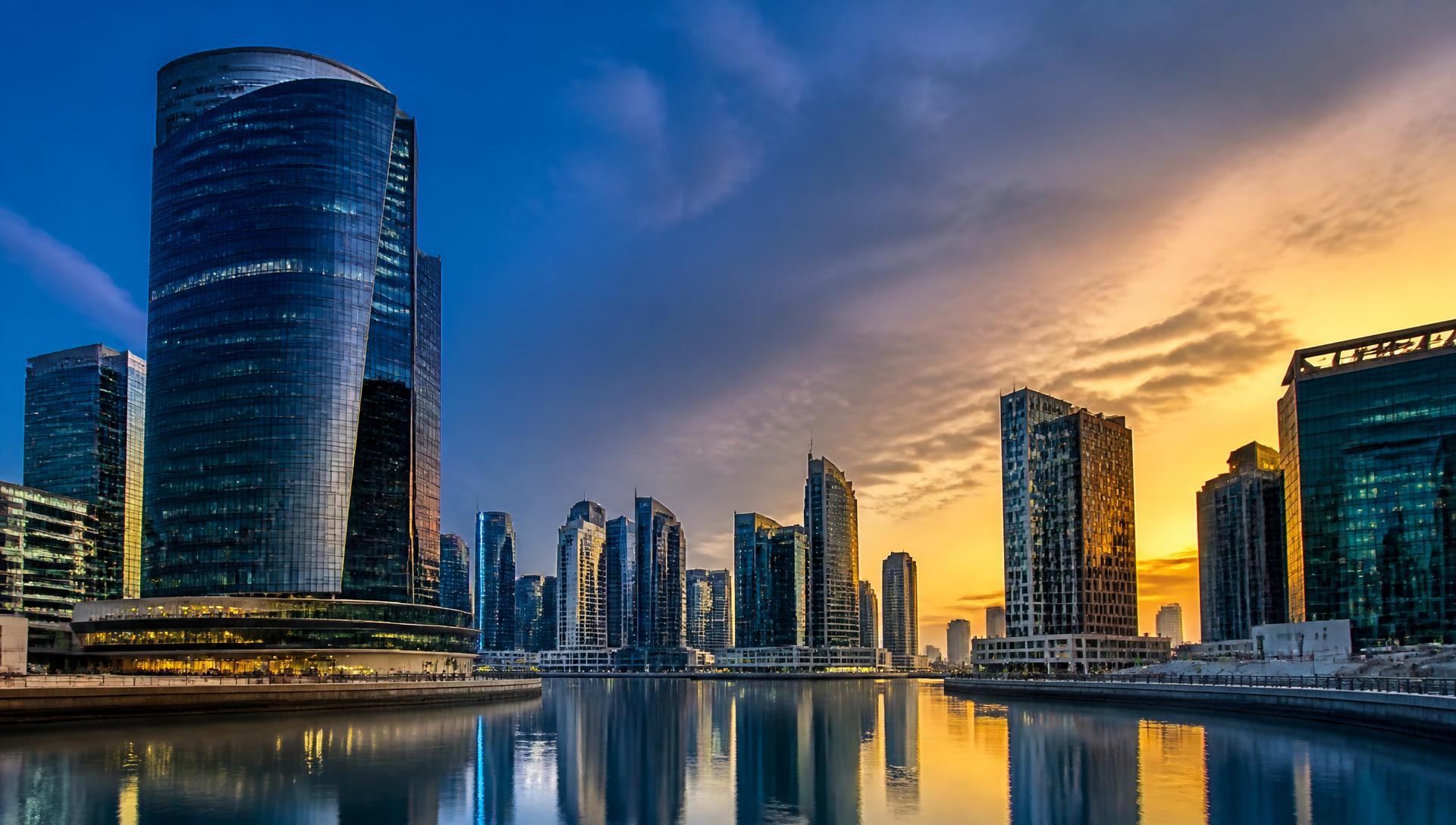Business Bay skyline in Dubai at dusk